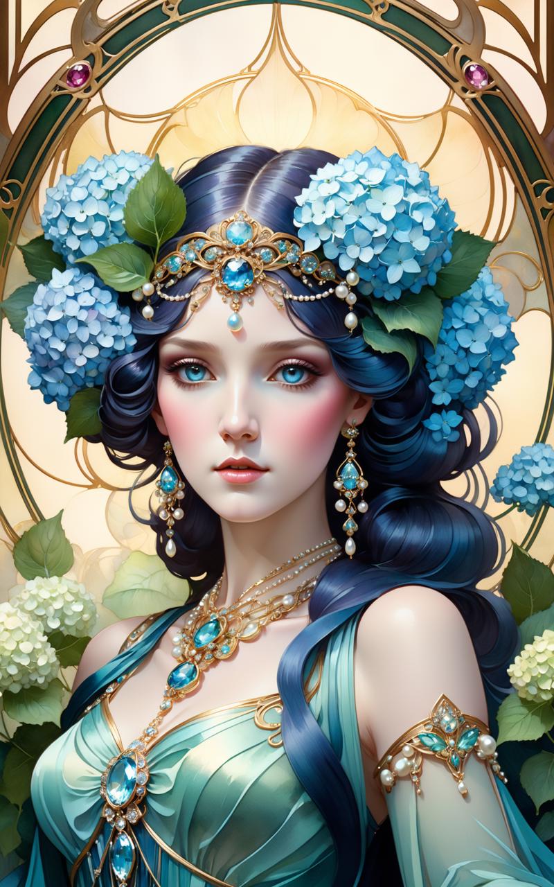 04783-4050682797-Art nouveau goddess hydrangeas gems crystals jewelry pearls watercolor, 8k resolution concept art portrait by Greg Rutkowski, Ar.png